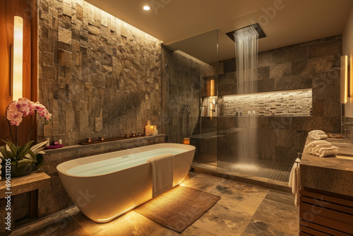 A spa-like bathroom with a large soaking tub, a rain shower, and natural stone tiles. Warm lighting