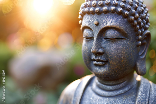 A Buddha statue in an outdoor setting with greenery and sunlight
