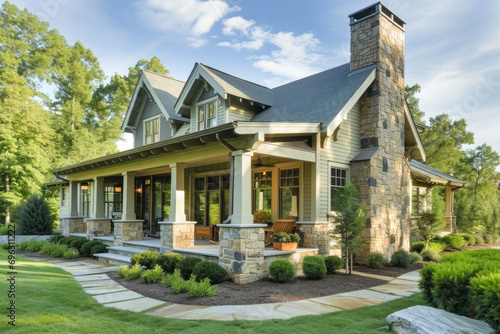 Modern Craftsman-style house with a stone chimney and a large front porch photo