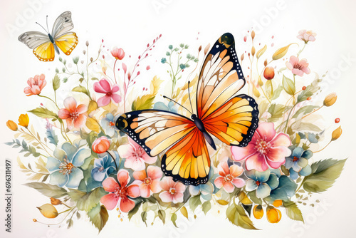 Watercolor butterfly on flowers , Watercolor painting butterfly Floral isolated on vintage white background