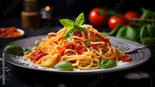Fresh italian pasta spaghetti with tomato sauce basil leaves photo