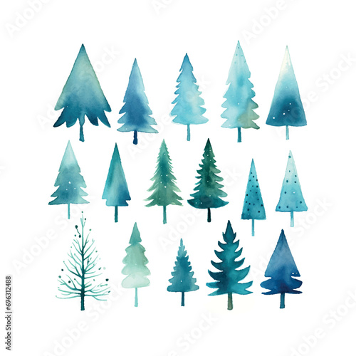 a variety of watercolor christmas trees in blue color, in the style of dark maroon and light green, distinctive