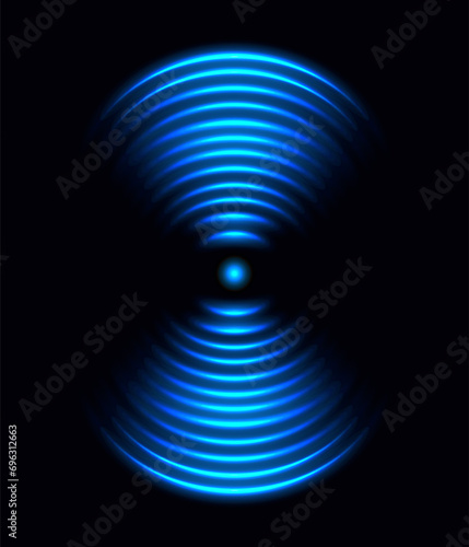 W-Fi connection light effect, blue glowing signal sensor waves internet wireless communication. Futuristic wireless technology digital radar or sonar with glowing light effect. Vector