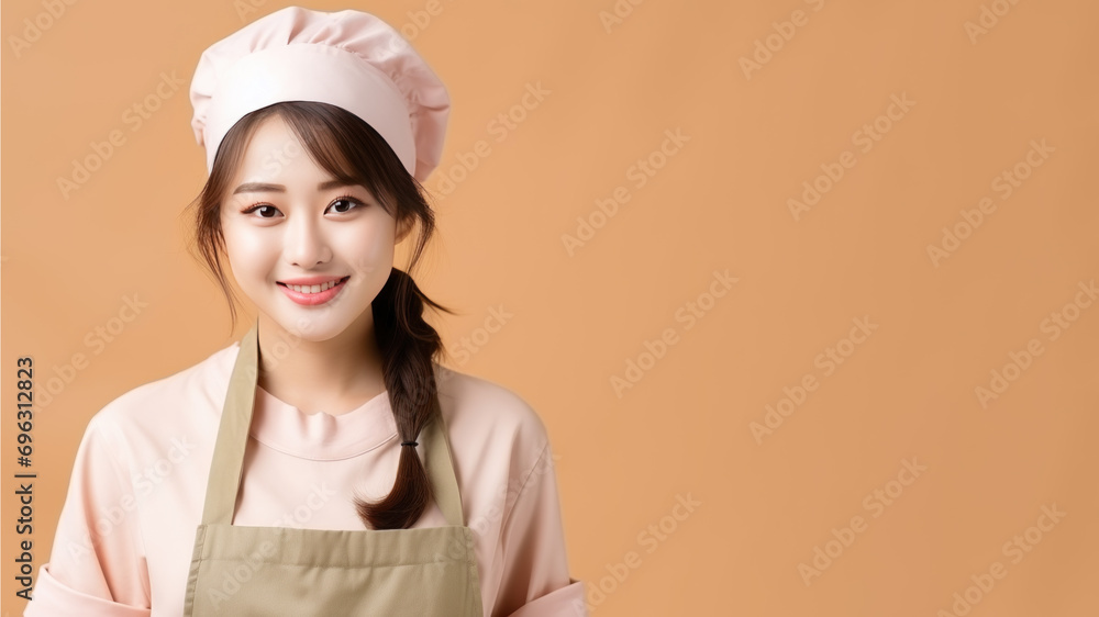 Asian woman in chef uniform smile isolated on pastel background