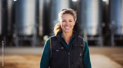 Portrait of female farmer standing in front of silos © Fly Frames