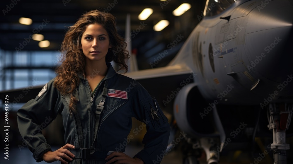 Portrait of female Navy jet fighter pilot in front of his jet