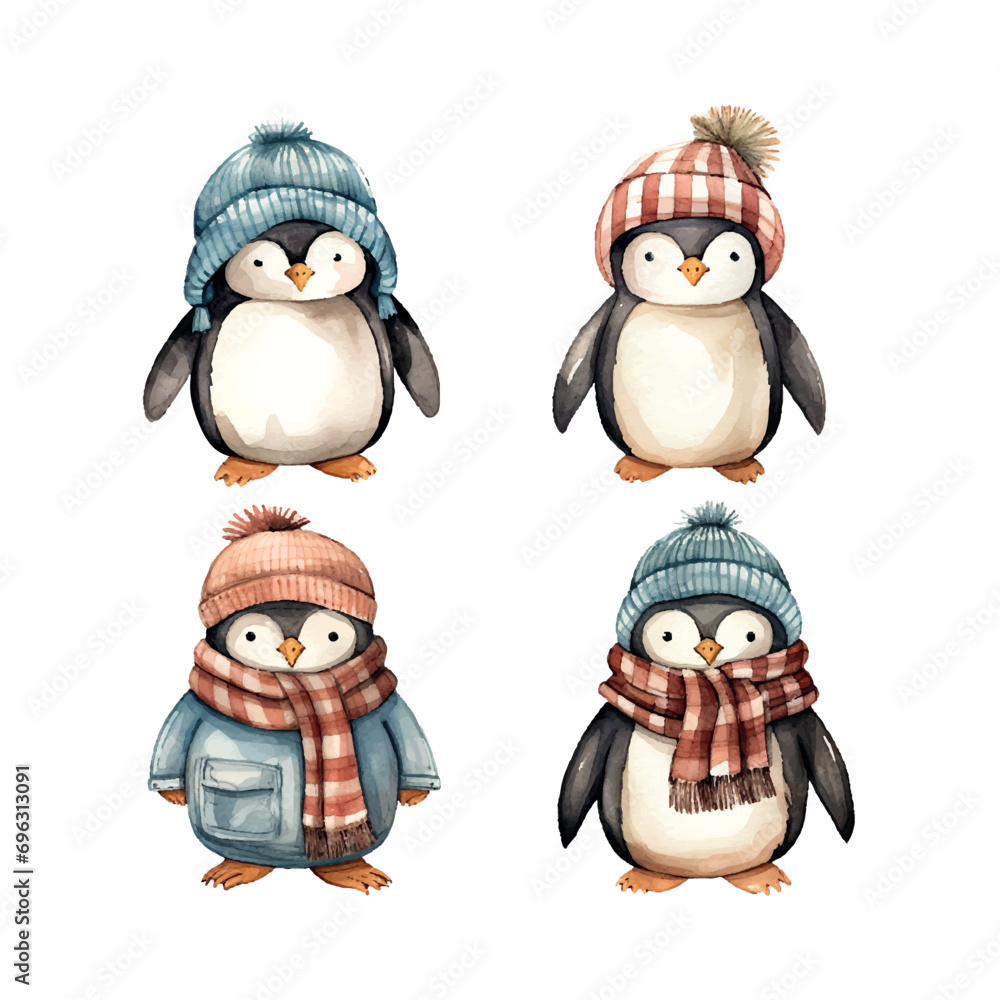Fototapeta premium water color clip art winter penguin dresses in hat