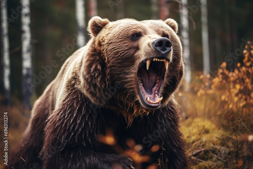 Big scary brown bear roars in the autumn forest