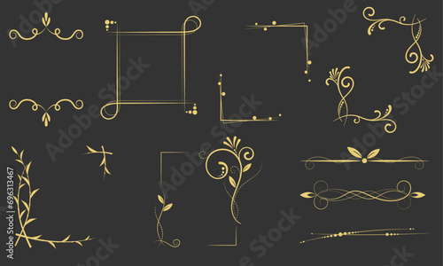 Decorative Floral Frames Set, Swirls Dividers, Vintage Elements, Floral Ornament, Vector illustration, Collection, Ribbon, Branch, Wedding, Isolated, Golden