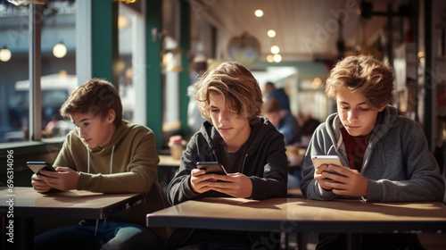 copy space  stockphoto  Tween boy friends texting with smart phones and drinking coffee at cafe table. Young students using smartphone or cellphone. Internet technology