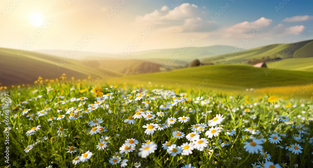 Beautiful spring and summer natural landscape with blooming field of daisies in the grass in the hilly countryside. - obrazy, fototapety, plakaty 