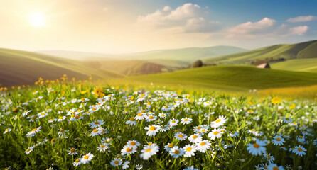 Beautiful spring and summer natural landscape with blooming field of daisies in the grass in the hilly countryside.