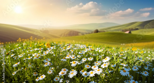 Beautiful spring and summer natural landscape with blooming field of daisies in the grass in the hilly countryside. © Laura Pashkevich