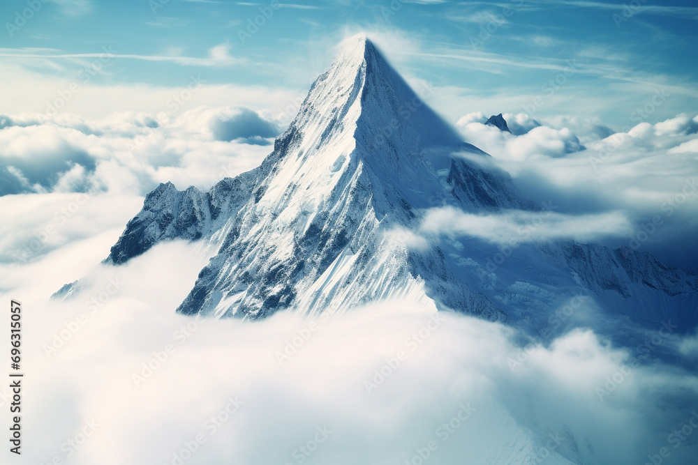Majestic snowy mountain peak above the clouds. Generative AI Majestic snowy mountain peak above the clouds. Generative AI