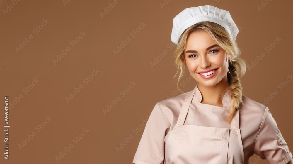 Blonde woman in chef uniform smiling isolated on pastel background Blonde woman in chef uniform smiling isolated on pastel background