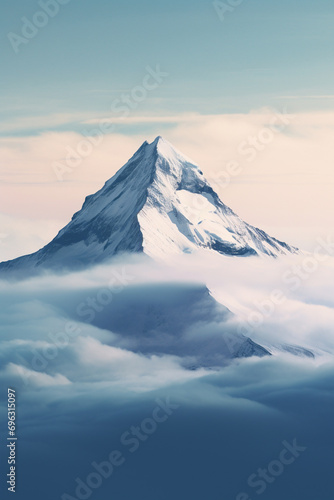 Majestic snowy mountain peak above the clouds. Generative AI © marcin jucha