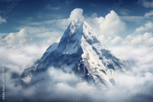 Majestic snowy mountain peak above the clouds. Generative AI photo