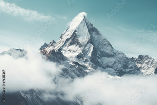 Majestic snowy mountain peak above the clouds. Generative AI © marcin jucha