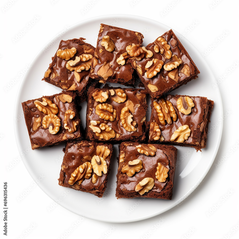 Delicious Plate of Brownies with Walnuts Isolated on a white background Delicious Plate of Brownies with Walnuts Isolated on a white background