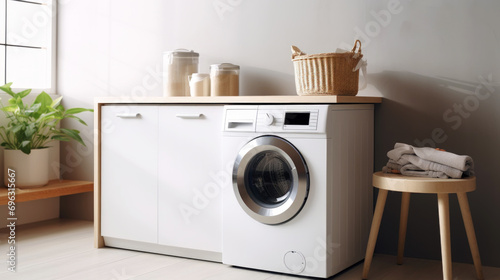 Interior of modern home laundry room with washing machine. Light tones. Generative AI