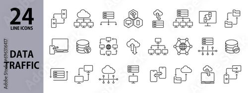 Data Traffic line icons set with Server, Cloud, File, Network, Exchange, Internet, Monitor, Notebook. Editable stroke