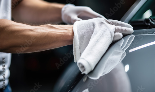 A man cleaning or polish luxury car with white microfiber cloth, Car clean concept.
