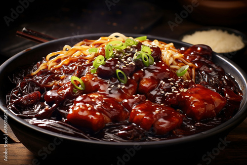 Korean Jjajangmyeon noodles with black bean sauce. (Generative AI) photo