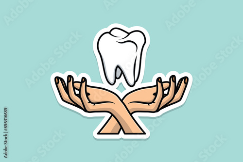 Dentist Tooth with Hands Sticker design vector illustration. Healthcare and medical objects icon concept. Dentist tooth and dentist hands sticker design icons logo with shadow.