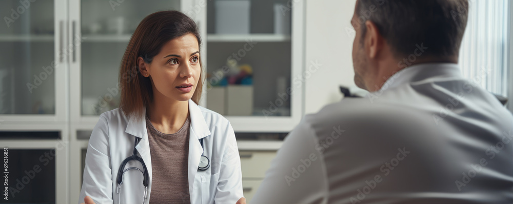 Doctor talking to woman patient at hospital clinic. Doctor talking to woman patient at hospital clinic.