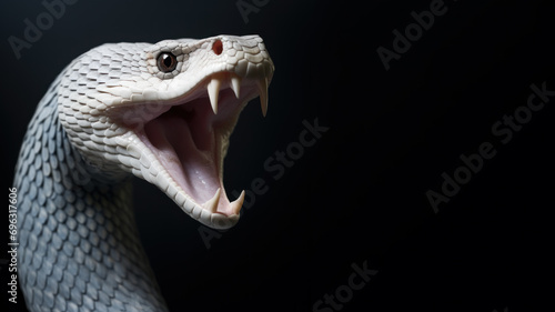 White snake open mouth ready to attack isolated on gray background photo