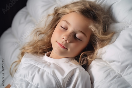 Blonde little girl sleeping well on white pillow in bed