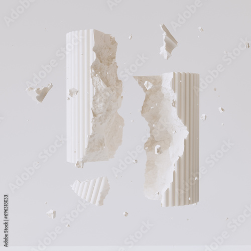 Fotografie A destroyed white column divided into several floating fragments