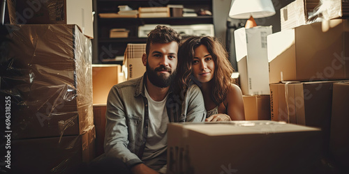 Tired but smiling couple cuddling in their new apartment amid unpacked cardboard boxes. photo