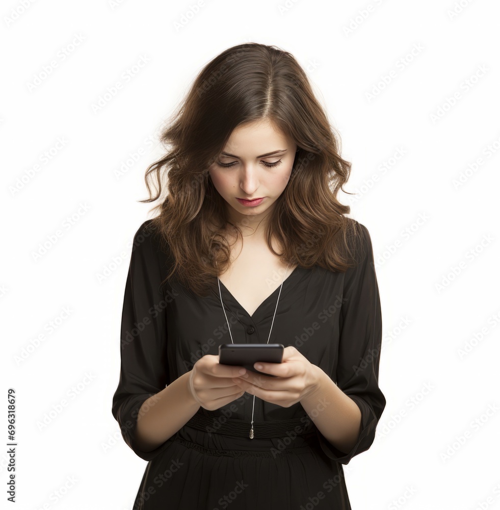 a woman in casual clothes stands and looks at her smartphone isolated on a white background a woman in casual clothes stands and looks at her smartphone isolated on a white background