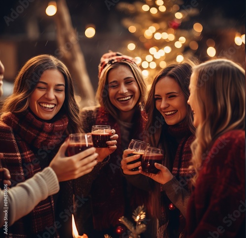 a group of friends happily celebrate and drink hot mulled wine in winter