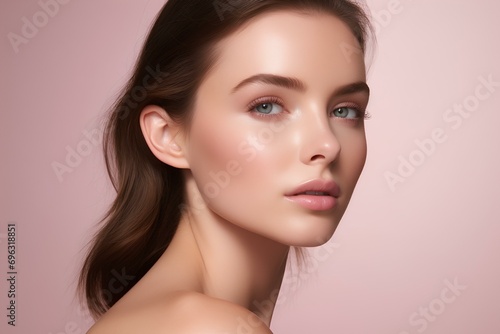 a beauty close-up shot, as a skincare campaign, in a studio with a pink gradient background. the model is a beautiful white female, flair on her captivating face, healthy skin. generative AI