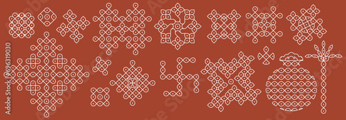 Indian Traditional and Cultural pulli Kolam design vector, set of editable home decor patterns.
