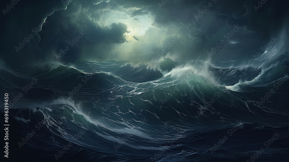 3D render of a stormy ocean with stormy waves.