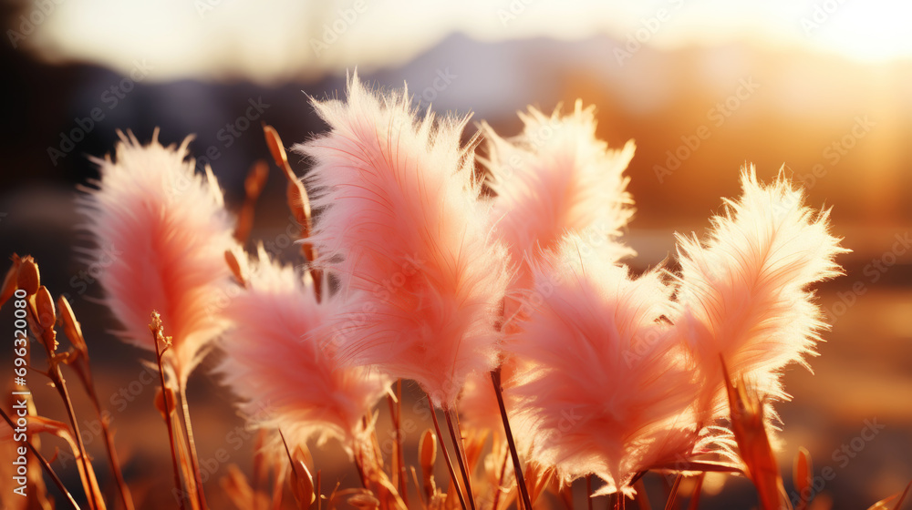 Close up of pampas grass plumes soft and fluffy on a field with sunshine. Generative AI