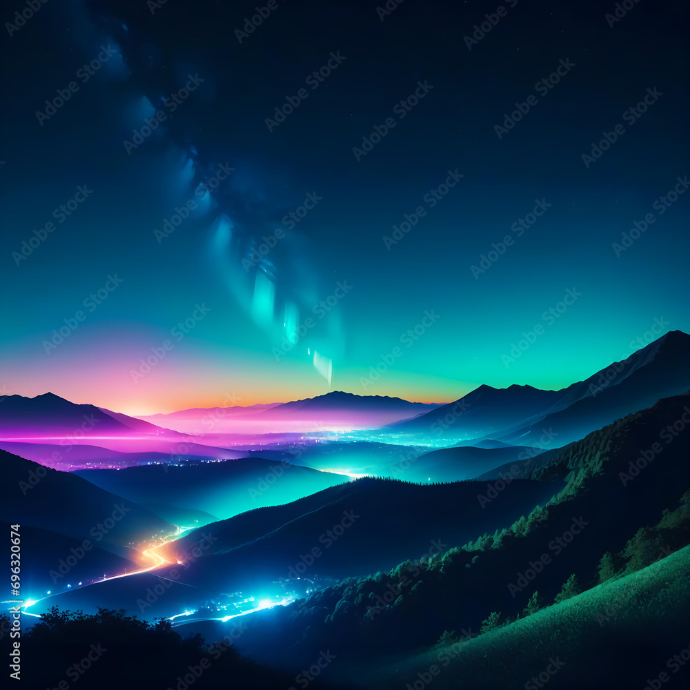 an illustration of a mental image of a person observing the night sky from a high mountain position  =AI generated illustration