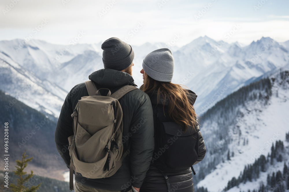 Young active couple hikkers with backpacks  hikking in the mountains. Nature and outdoors. Generative AI