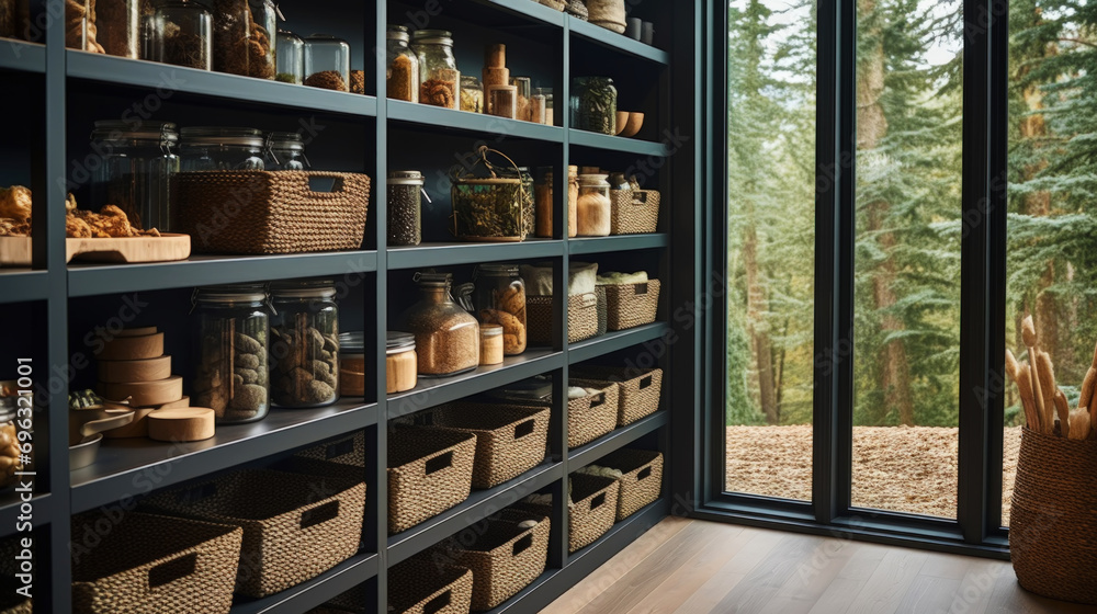 Organization of food storage. Cozy pantry with glass jars and wicker baskets. Light colour palette. Generative AI - obrazy, fototapety, plakaty 