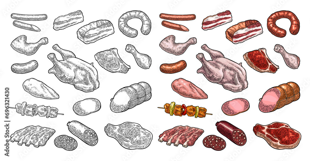 Set meat products. Brisket,  sausage, steak, chicken leg, ribs  wing,  carcass and breast halves. Vintage color and black vector engraving illustration. Isolated on white background