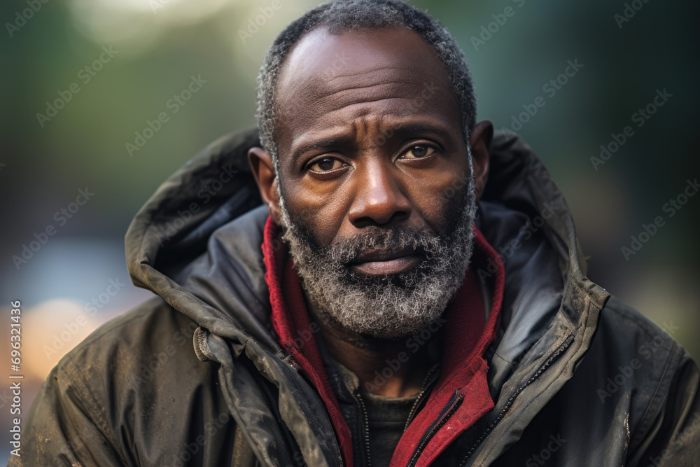 60-year-old African American man, navigating the challenges of homelessness in a city park, surrounded by worn-out belongings and makeshift shelters. 60-year-old African American man, navigating the challenges of homelessness in a city park, surrounded by worn-out belongings and makeshift shelters.
