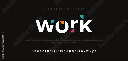 Work modern alphabet. Dropped stunning font, type for futuristic logo, headline, creative lettering and maxi typography. Minimal style letters with yellow spot. Vector typographic design photo
