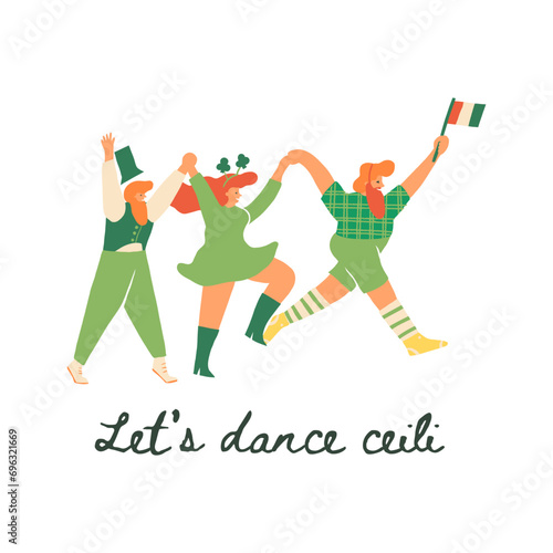 Cheerful Irish people in green clothes with shamrocks, the Ireland flag dancing the Ceiligh. Celebrating Irish culture party, St. Patrick's Day design