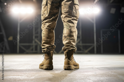  Military athletic legs in combat boots stand on a shooting range, reflecting strength and readiness. Man, 32 years old, Latino ethnicity