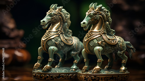 horse statue on a black background, a figurine of a Chinese dragon standing on a table, Asian calendar for Chinese New Year 2024. Chinese dragon zodiac sign © Micro