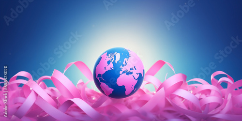 Global hope, world cancer day. Pink ribbon around the world with blue background. By joining forces we are stronger. Concept of help, fight and hope.