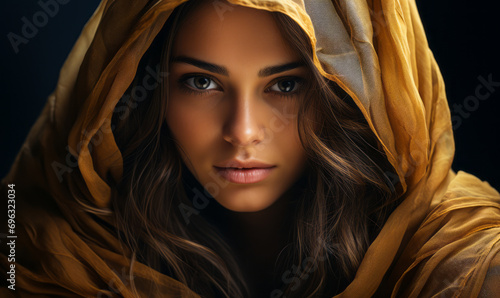 Enigmatic young woman in golden translucent veil with a captivating gaze  embodying elegance and mystery